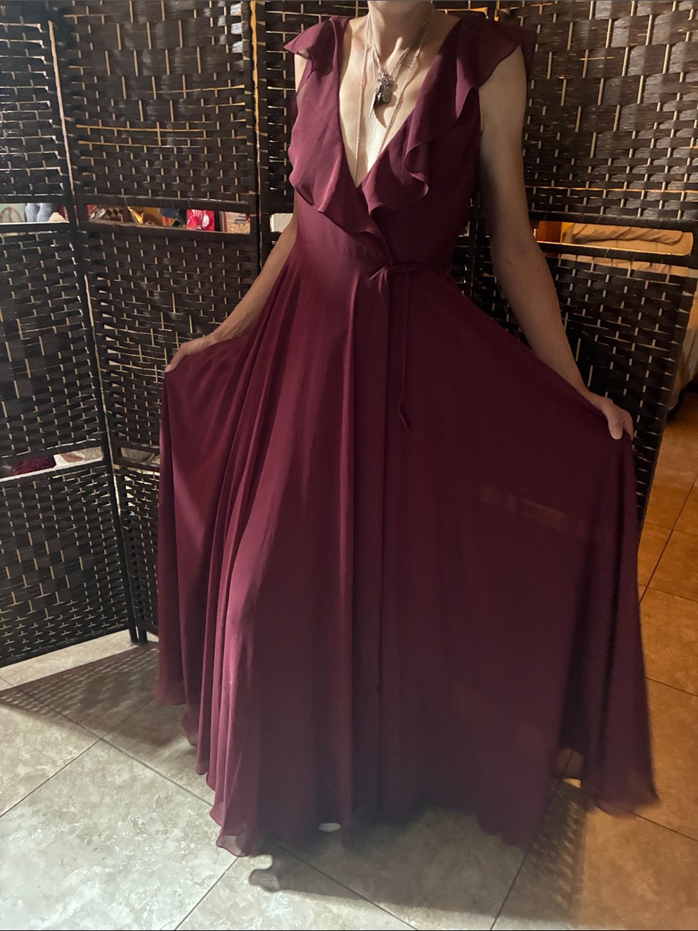 Jenny Yoo Georgette Burgundy Ruffle V-Neck Maxi wrap Dress